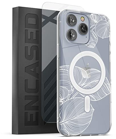 Encased Magnetic Case Designed for iPhone 14 Pro Max Clear Case with Design with Screen Protector - Compatible with MagSafe Phone Accessories (White Lace Leaf)