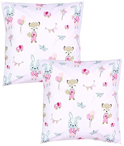 TupTam Kinder Kissenbezug Dekorativ Gemustert mit Hotelverschluss 2er Set, Farbe: Fuchs/Kaninchen/Rosa, Größe: 80 x 80 cm