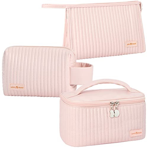 Linpr 3 Pezzi Beauty Case da Viaggio Donna, Grande Trousse Organizer Trucchi Ragazza, Porta Trucchi in Pelle a Righe PU, Carine Pochette Trucchi per Trucco per Donne e Ragazze (Rosa)