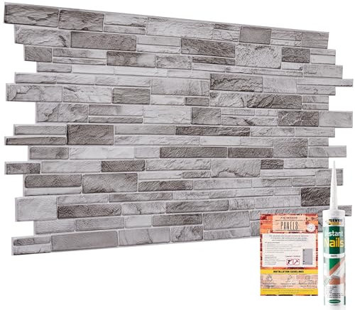 NOVECRAFTO Stone Effect 3D Wall Panels - 37.7 x18.89 in (96x48cm) 20 Sheets Covering 99.2 sqft (9.22sqm) - Waterproof Decorative PVC Wall Cladding for Home, Office - Natural Grey Stone Slate Effect