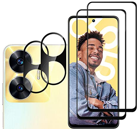GMUJIAO [2+2 Pack Compatible con Realme C55 para Protector de Pantalla & Protector de Lente de cámara Cristal Templado,Cristal Vidrio Templado Premium[Antiarañazos]-Negro
