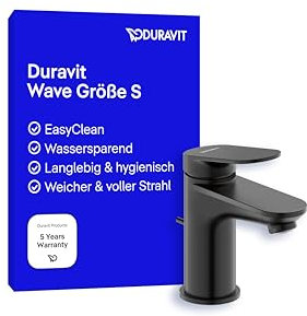 Duravit Wave Waschtischarmatur, Größe S (Auslauf Höhe 77 mm), Wasserhahn Bad mit Zugstangen-Ablaufgarnitur, Armatur Waschbecken, Schwarz Matt