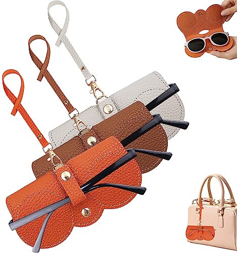 Winuoyang Sunglasses Case,3Pcs Soft Leather Sunglasses Bag Portable Glasses Case Sunglasses Pouch Eyeglass Bags with Lanyard Sunglasses Storage Holder for Women Men (Brown+Beige+Orange)