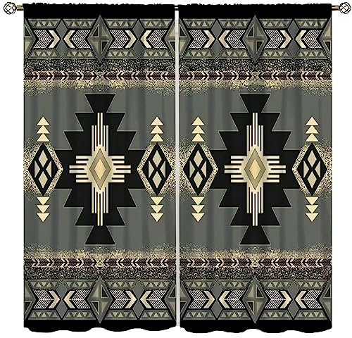 Aztekische Vorhänge, ethnisches Muster, Bauernhaus, Western-Boho, geometrische Fensterbehandlungen für Wohnzimmer, Vorhänge, 2-teiliges Set, 140 x 160 cm, Verdunkelung