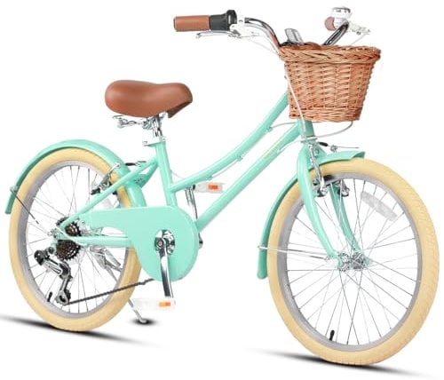 Glerc Missy 20 Pouces Fille Cruiser Enfants Vélo 6 Vitesses Teen Hybrid Vélo de Ville pour Jeunes âge 6 7 8 9 10 11 12 Ans avec Panier en Osier & Poids léger, Vert Menthe