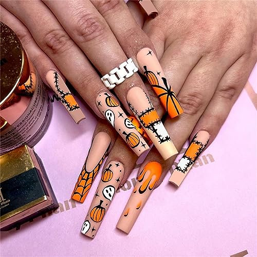 LukyTimo Lot de 24 faux ongles tête de mort léopard stiletto noir, serpent, Halloween, amande, faux ongles longs en acrylique pour femmes et filles (B)