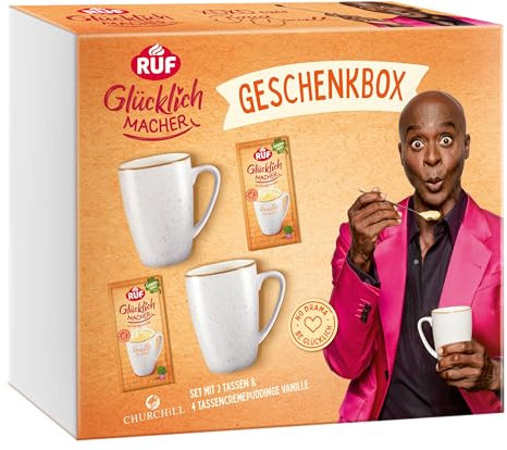 RUF Glücklichmacher Geschenkbox mit 2 hochwertigen Churchill Tassen und 4 Vanille-Tassenpuddingen