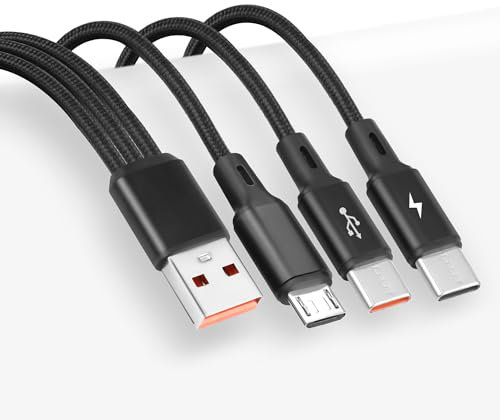 GELRHONR Multi USB C Splitter Cable,USB A to Dual Type-C + Micro USB Male Charge Cable,Nylon Braided Cord with 3x0.2m Cable, 5A Fast Charge,Compatible with Mobile/Android and More (0.2M/0.65Ft)