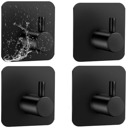 Bull Tiger Prestige 4 Stück Haken Selbstklebend, Klebehaken Schwarz, Handtuchhaken, Klebehaken Schwarz, Haken Schwarz, Handtuchhalter Ohne Bohren, für Haus, Küche, Bad, Schwarz (Schwarz)