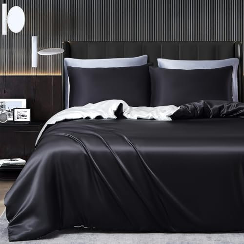 Sedefen Satin Bettwäsche 200x200cm Schwarz Weiß Luxus Seide Glanzsatin Wendebettwäsche Set Glatt Glänzend Seidig Bettbezug Sommer Uni Deckenbezug mit Reißverschluss und 2 Kissenbezug 80x80cm