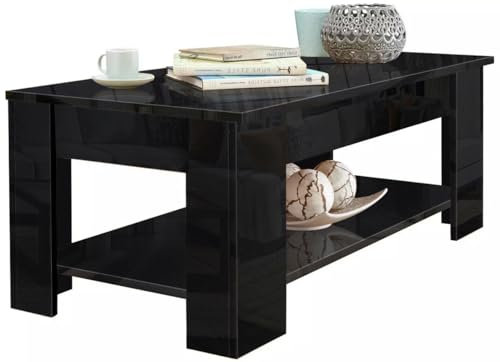 High Gloss Coffee Table, Lift Up Coffee Table for Living Room, Wooden Coffee Tables with Storage Shelf Rectangular Lift-Top Sofa End Tea Table for Office Living Room, Black 120 x 60 x 49.5-62.5H cm