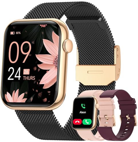 NAIXUES 2024 Montre Connectée Femme avec Appel Bluetooth 5.3, Smartwatch avec 3 Bracelet 120+Sportifs 24H Fréquence Cardiaque SpO2, Sommeil Suivi des Règles Calories Podomètre pour Android iOS Or Noir