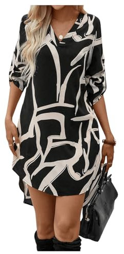 GORGLITTER Women's Graphic Print Long Sleeve Shirt Dress High Low Hem V Neck Short Dress White Black L