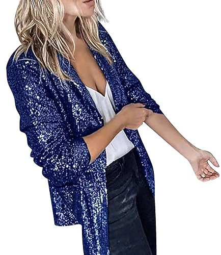 CUTeFiorino Cardigan da donna lucido con paillettes a maniche lunghe, bolero crop top elegante blazer glitter party outfit Clubwear navy oro argento S M L XL XXL, Z Blue., XL