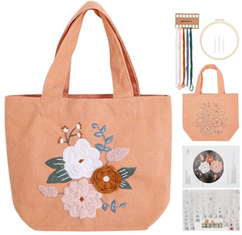 FREEBLOSS Stickset Für Tragetasche Aus Orangefarbenem Canvas Für Anfänger, Blumen Stickerei Handtaschen Set, Orangefarbene Canvas Tasche, Handstich Stickerei Lunchbag Set Mit Rahmen Und Garn