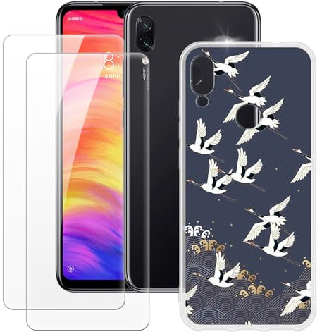 Pack de 2 Vidrios Templados y Funda TPU Impresa Compatible con Xiaomi Redmi Note 7 Antirrayaduras Antigolpes Protector de Pantalla Cubierta Flexible Delgada Diseño Elegante (Blanco)