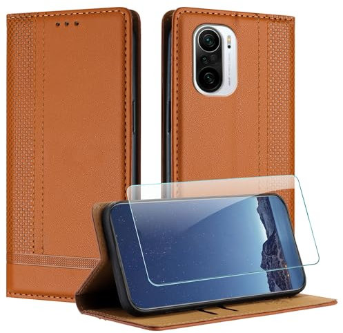 JayModCase Funda para Xiaomi Redmi K40/K40 Pro con Protector Pantalla, Flip Leather Ranura Tarjeta Magnético Wallet Carcasa con Cierre magnético Soporte Plegable para Xiaomi Poco F3 - Marrón