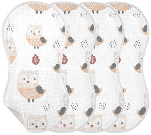 KLL - Musselin-Spucktücher für Babys, Mädchen, 4 Stück, große Baumwoll-Spucktücher, Unisex, weich, saugfähig, bequem, Spucktücher, niedliche Eule, Tier