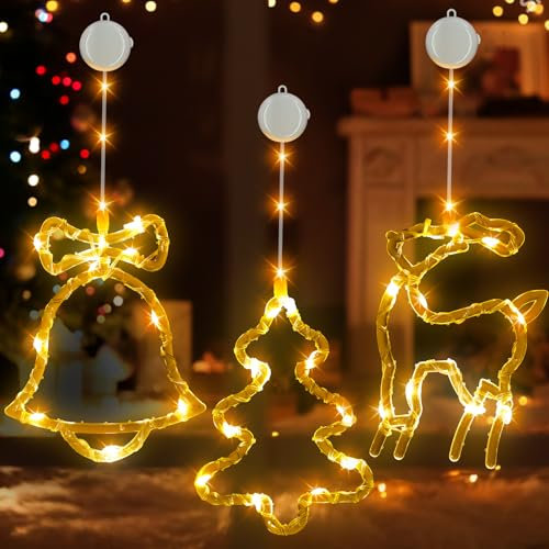 skelo LED Weihnachtsdeko Fenster,3 Stück 36LED Weihnachtsdeko Innen Batteriebetriebene mit Timer 2 Modi Lichtervorhang Weihnachtsbaum Elch Glocke für Weihnachten Deko Balkon Party Hochzeit Warmweiß