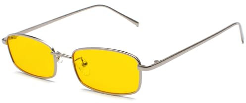 RUNHUIS Retro Classic Small Rectangle Sunglasses Men Women Vintage Slim Rectangular Metal Frame Glasses (Silver/Yellow)