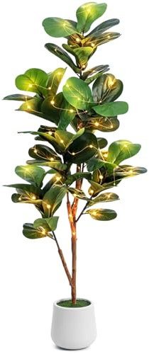 Higuera artificial de hoja de violín de 5 pies con luces LED y maceta blanca, planta de ficus lyrata sintética realista con tronco natural para el hogar, oficina, sala de estar, baño, decoración de