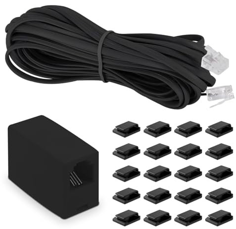 MAOZHOU Cavo telefonico, 10 m RJ11 6P4C, connettore modulare + connettore RJ11 modulare + 20 clip per cavi, RJ11 a RJ11, cavo piatto per modem router, telefono, fax, ISDN DSL VDSL, nero