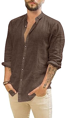 Rodawu Mens Shirts Long Sleeve Cotton Linen Shirts Casual Summer Shirts Lightweight Beach Tops Fashion Coffee Shirt 2XL