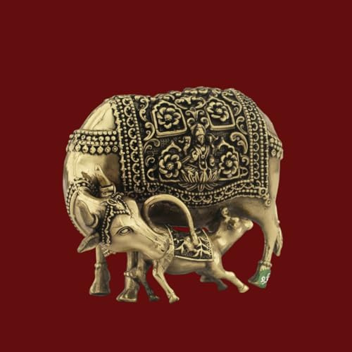 Mridaya Kamadhenu-Kuh-Kalb-Statue aus Messing, 10 cm, Kamdhenu-Kuh und Kalb-Idol, Heilige Kuh der Wünsche und Wünsche, Einweihungsgeschenk, Symbol der Mutter Kind Liebe Vatslya, Einweihungsgeschenk
