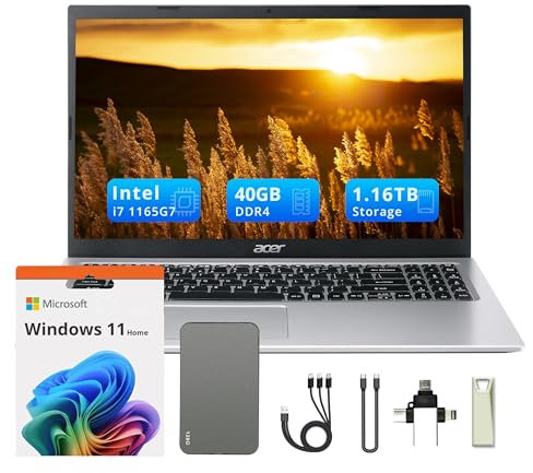 acer Aspire 3 Computer portatile FHD da 15,6, 40 GB di RAM, 1,16 TB di memoria (SSD da 1 TB e set di docking station da 160 GB), Intel i7-1165G7, scheda grafica Intel Iris Xe, tastierino numerico