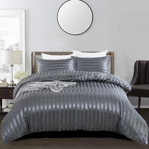 Satin Duvet Cover Sets with Elegant Beautiful Striped Pattern, Italian Style Luxury Silky Soft Grey Satin Bedding Set Moisture-wicking 3 Piece King Size Satin Duvet Cover Sheets for All Seasons