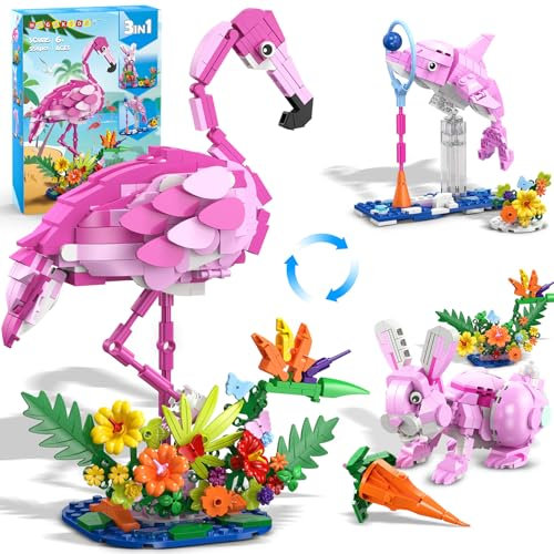 HOGOKIDS 3-en-1 Animaux Roses : Flamant Rose, Lapin et Dauphin – Jouet de Construction avec Fleurs – Set Créatif de 558 Pièces pour Filles et Garçons dès 6 Ans – Cadeau d’Anniversaire ou de Pâques