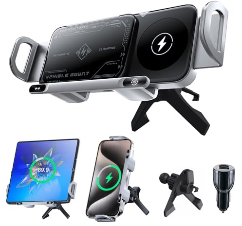 Olycism Handyhalterung Auto für Galaxy Z Fold/Flip mit Ladefunktion 15W Dual Coils QC 3.0 Fast Charge für Z Fold/Flip 6 Kann Automatisch Rotieren Autohalterung Kabellose Kfz-Ladegeräte Silber