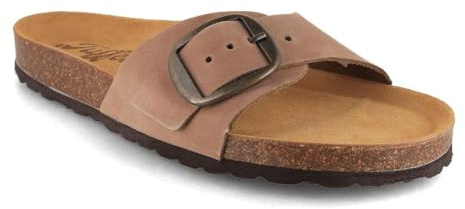 Tuffeln Leder-Sandalen Fehmarn mit weichem Korkfußbett Einschnaller Damen Pantoletten Schlappen, Hergestellt in der EU, Gr. 36-42