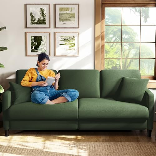 Welzona 3 Seater Sofas, 121CM Sofa 3 Seater, Teddy Fleece Loveseat Couch with 53cm Deep Seat, Tool-Free Setup Couches for Living Room, Modern Couch 385kg Capacity, 2 Pillow Included, Green Sofa