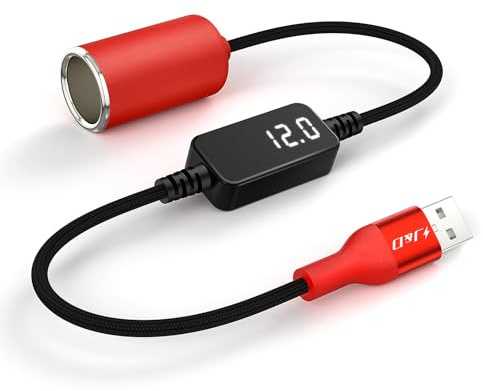 J&D USB-A auf 12V Zigarettenanzünder Adapterkabel, 18W USB-A DC 12V KFZ Konverter für Dashcam, GPS, Fahrrekorder mit Spannungsanzeige, Robustes Rot Kabel, 0,3 m