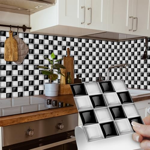 BUYBLIFE 20PCS Mosaic Style Tile Stickers for Bathroom, Self Adhesive Peel and Stick Tiles Vinyl Splashback for Kitchen Room Transformation Home Decor (10x10cm/4x4inch)
