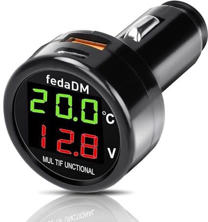 VOKTTA 3-in-1 USB C Auto Ladegerät Auto Digitales Voltmeter Thermometer, 30W PD&QC USB Zigarettenanzünder Ladegerät, DC 12V 24V Batteriewächter, für PKWs, LKWs, Busse, SUVs