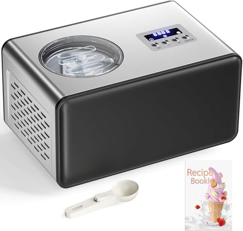 Gelatiera con Compressore 2L, Gelatiera per Gelato Elettrica Professionale in Acciaio Inox 150W, Autorefrigerante, con Ciotola Estraibile in Alluminio/Ricettario/Paletta per Gelato