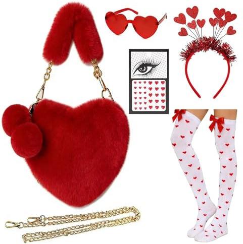 YDUNARISE Plüsch Herztasche Rot Set,mit Herz Haarreif, Kniestrümpfe, Herzbrille & Strasssteine Gesichts, Karneval Amor Kostüm Zubehör für Damen