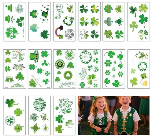 KLINNA 15 Blatt St.Patrick's Day Kleeblatt-Tattoos Set, wasserfeste temporäre Tattoo-Aufkleber für Kinder und Erwachsene, irisches Glücks-Tattoo Party Deko, grüne Blätter Hautfreundlich