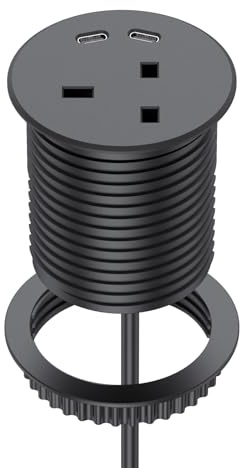 Recessed Power Socket, Haylink Desk Power Grommet with UK Plug & 2 USB-C Ports, 2M Cable, 60mm Cutout Socket for Desk, Countertop, Cabinet, Nightstand, Black