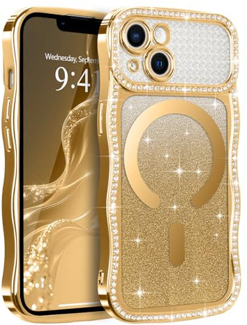 Lafunda for iPhone 13/for iPhone 14 Case Glitter, Curly Wave Frame, Gold | Bling Sparkly Diamonds Clear Magnetic Case With Magsafe, Camera Protect Soft TPU Shockproof Protective Cover for Women Girls