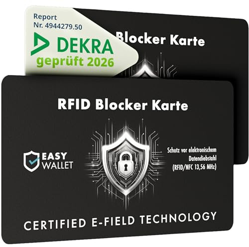 EasyWallet [NEU 2026] DEKRA-geprüfte NFC/RFID Blocker Karte | E-Field-Störsender-Technologie für sicheren Kartenschutz | Extra dünn (0,84 mm) – Perfekt für Jede Geldbörse (2X) - Optimaler Schutz