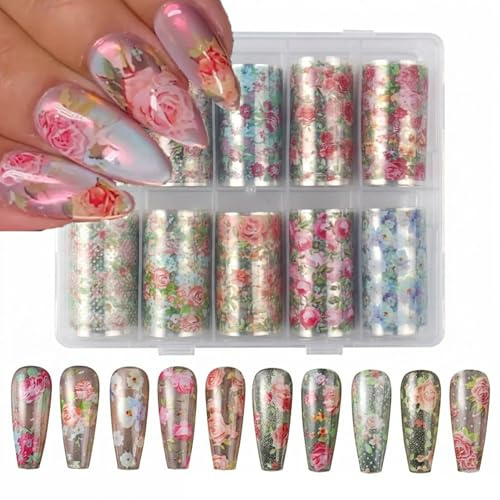 Flower Nail Foil Transfer Stickers, 10 Rolls Colorful Rose Floral Designs Nail Art Foil Decals, Holographic Starry Sky Paper Nail Adhesive Transfer, Manicure Stickers for DIY Acrylic Nails Decoration