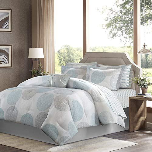 Madison Park Essentials Bed in a Bag Comforter, Vibrant Color Design All Season Down Alternative Cover with Complete Cotton Sheet Set, Full(78x86), Knowles, Circular Aqua, 9 Piece