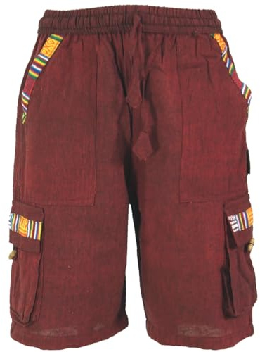 GURU SHOP Ethno Yogashorts im Goastyle, Herren, Kurze Baumwollhose | elastischer Bund mit Kordelzug, zwei Eingrifftaschen, Cargopockets, ideal für Partys und Freizeit.