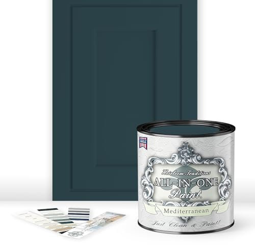ALL-IN-ONE Paint, Durable cabinet and furniture paint. Built in primer and top coat, no sanding needed. Includes our 30 featured color card - Mediterranean (blue teal), Quart