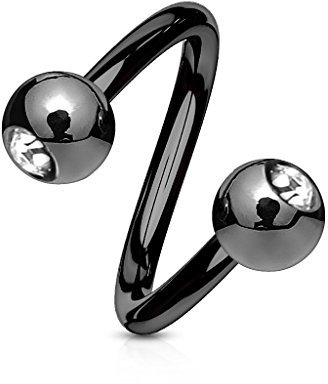 viva-adorno® Lippenpiercing Chirurgenstahl Labret Spirale Twister Kristall Doppelkugel Twist Z405, Schwarz