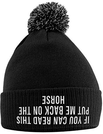Bommelmütze - Reiten Geschenk für Mädchen - Wintermütze mit Pferdeslogan auf der Vorderseite bestickt - schwarz, Schwarz , Einheitsgröße