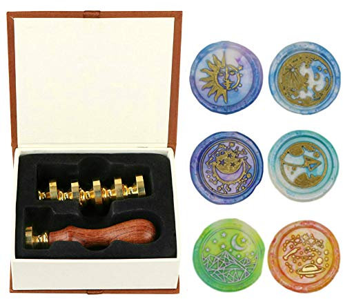 Wachs Siegel Stempel set, ANBOSE Mondstern Sonnen Bergmond Wachs Siegel Stempel kit mit 6-teiligem Siegel Wachsstempel Kupfersiegel+1Holzgriff, Geschenkversiegelung Wachsstempelset für